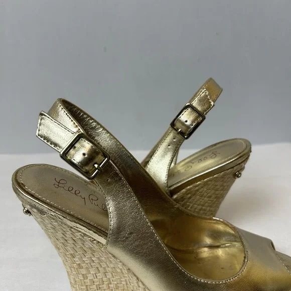 Lilly Pulitzer Shoes Womens 5.5 Gold Sandals Wedge Heels Slingback Kristen - Picture 9 of 15